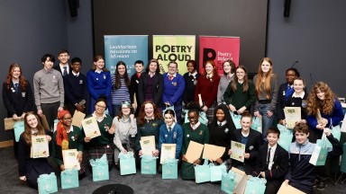 Large group of school children who competed at Poetry Aloud 2024