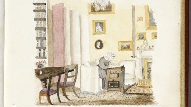 Sketch of a woman at a writing desk.