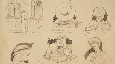 Pen and ink drawings of various readers in the National Library of Ireland. Initialled by the artist G.A.D, date unknown . PD 3095 TX 2.