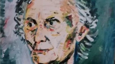 A portrait of an elderly woman with her white hair tied back, seated in a dark coat against a moody studio backdrop. The painting uses loose, impressionistic strokes and a cool-toned palette to convey a contemplative atmosphere.