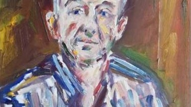 A vivid, expressive painting of a man with short gray hair, wearing a striped shirt. The brushstrokes are bold and gestural, with a mix of cool and warm tones, set against a rich, abstract background.