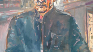 A portrait of an elderly man with wispy white hair and glasses, seated in a dark coat against a studio-like backdrop with industrial elements. The painting uses loose, impressionistic strokes and a cool-toned palette to convey a contemplative atmosphere.