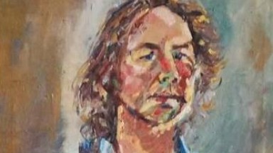 A loosely brushed portrait of a man with shoulder-length wavy hair, wearing a blue shirt with layered strokes. The background is abstract, featuring muted earth tones and soft blending, creating a reflective and somewhat somber mood