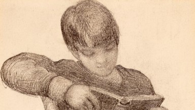 Portrait of William Butler Yeats, (1865-1939), when a boy; whole length, seated, reading, right arm on back of chair.