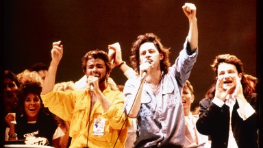 Bob Geldof, George Michael, David Bowie and Bono during the finale at Wembley
