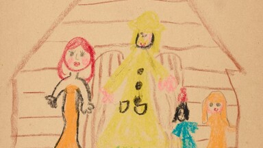 A handmade thank you card created by school children for Seamus Heaney. The card includes a colorful crayon drawing of four figures standing on green grass in front of a house. Above the drawing, the message "TO Mr. Heaney" is written in pencil, expressing gratitude for his visit.