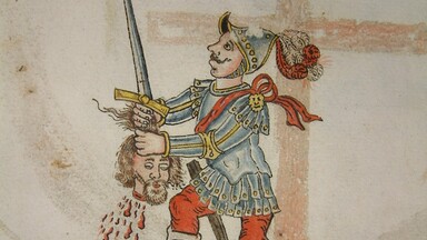 image of a knight with a beheaded head and sword, trampling an animal underneath