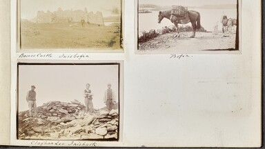 Photographic views of Bosco's Castle, Inishbofin, Co. Galway, a donkey carrying a load on Inishbofin and men standing at Clochán Leo on Inishark, Co. Galway; from a 1894 William Frazer album; Prints and Drawings; PD 1975 TX 11 (72). 