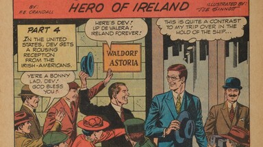 comic spread of de valera arriving in america