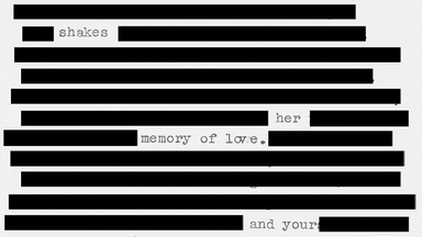 A black out poem of a Heaney manuscript where most of the words are blacked out except for 'The wind shakes her memory of love.'