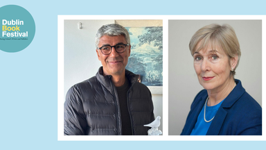 dublin book festival logo on blue background with photos of the two speakers