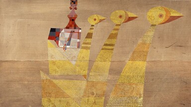 Abstract painting featuring three stylized yellow bird-like figures with elongated necks and geometric bodies, set against a textured brown background. The figures are constructed from triangular and patterned shapes, with a red and black checkered form atop the leftmost figure, evoking a totemic or symbolic composition.