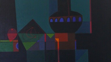 Abstract geometric painting featuring overlapping dark green, blue, and black shapes with red, orange, and purple highlights. The composition includes circles, triangles, and rectangles arranged in an architectural pattern, resembling stylized buildings under low light.