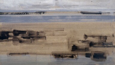 Abstract landscape painting with soft horizontal layers of beige, gray, and blue tones. Broad brushstrokes suggest a calm seascape or shoreline, with dark smudges and streaks evoking distant land or reflections on water.