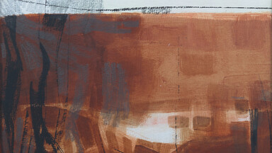 Abstract painting featuring broad horizontal bands of earthy brown tones beneath a pale sky-like area with hints of pink and gray. Black and dark gray curved lines add depth and movement, evoking a sense of landscape or horizon.