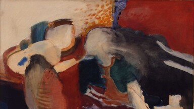 bstract painting featuring bold, fluid brushstrokes in red, brown, beige, blue, black, and white tones. The composition has an organic, flowing quality, with overlapping shapes and blended colors suggesting movement and depth.