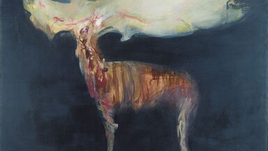 Abstract painting of an elk with a large, pale antler set against a dark blue background. The elk’s body is painted in earthy reds, browns, and pinks with fluid, expressive brushstrokes that create a ghostly, ethereal atmosphere