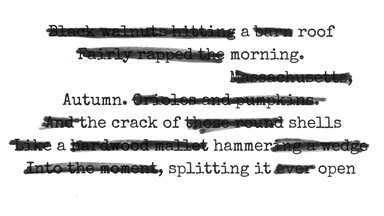 A blackout poem created from a typewritten text. Most of the text is covered with black lines, leaving visible phrases that read: “a roof / morning. / Autumn. /the crack of  shells / a hammer/ splitting it open.” The background is a light beige color, and the remaining words form a poem evoking the sounds and imagery of autumn.