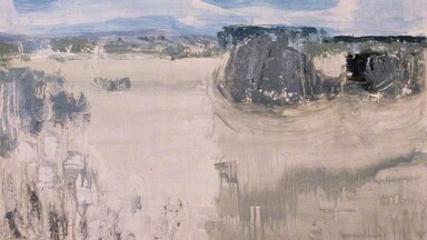 Abstract landscape painting titled Fermanagh Field I by Terence Philip Flanagan. The artwork depicts a pale, textured field rendered in muted tones of beige, grey, and white, with expressive brushstrokes suggesting land and sky. A soft blue sky with streaks of white looms over darker, indistinct shapes resembling distant trees or rocks, creating a sense of open space and quiet atmosphere.
