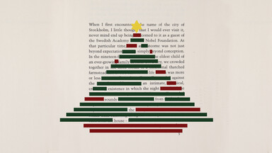 An extract of Crediting Poetry as a black out poem with a christmas tree image