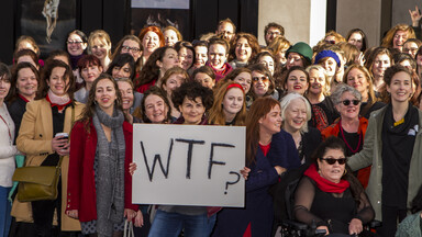 Actor Pom Boyd brought her own WTF? placard to the Abbey Theatr