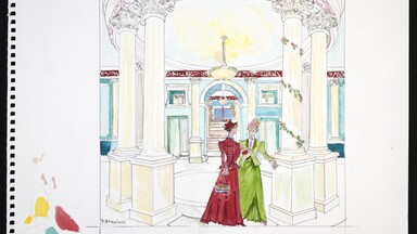 Sketch of two women in the NLI's front hall
