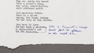Typewritten poem draft with blue pen annotations.