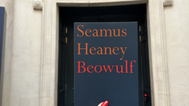 A hand holding up a dark blue copy of Beowulf against a marble doorway in the background