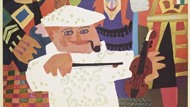 Tour Ireland England Scotland and Wales. Features various figures, collage style, including a man playing fiddle front and center.