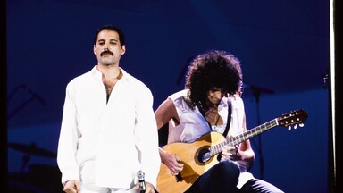 Freddie Mercury and Brian May (Queen) performing at Wembley