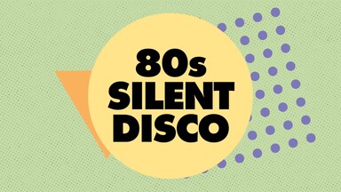 Graphic design with bold black text reading “80s Silent Disco” inside a large yellow circle. The background is light green with small dotted texture, featuring an orange triangle shape behind the circle on the left and a pattern of purple dots on the right, giving it a retro 1980s aesthetic.