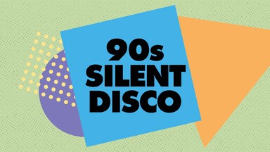 Retro-style graphic with bold black text reading “90s Silent Disco” centered on a tilted blue square. The background is light green with a subtle dotted texture, featuring a large orange triangle on the right and a purple semicircle with yellow dots on the left, creating a colorful 1990s-inspired design.