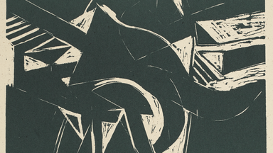  Linoleum block illustration printed in dark green ink by Dimitri Hadzi on sheet and signed by him underneath image.