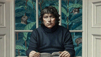 A stylized, realistic painting of a young Seamus Heaney with short dark hair seated at a small table covered with a white tablecloth. He wears a dark ribbed sweater and looks straight ahead with a serious, neutral expression. His hands rest on an open book. Behind him, a window reveals dense green foliage with several birds partially hidden among the leaves. The scene is quiet and introspective, rendered in muted tones with fine, detailed textures.