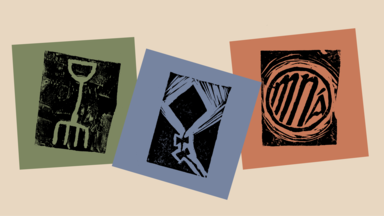 “Three abstract black-and-white print-style illustrations arranged side by side on muted colored rectangles against a beige background: a garden fork on olive green, a kite shape on dusty blue, and a circular design of the word 'Mná' on terracotta.”
