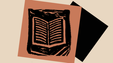 “Abstract black-and-terracotta print of an open book centered on layered tilted rectangles against a beige background, with textured carved lines suggesting pages and surrounding shadows.”