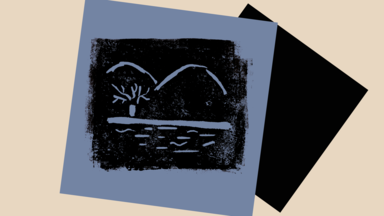 Abstract black-and-blue print of a minimalist landscape with curved hills, a small tree, and rippling water, layered on tilted rectangles against a beige background.
