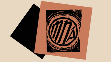 An abstract, layered graphic featuring a bold circular emblem encircling the word “mná” over dark textured imagery and tilted geometric shapes.