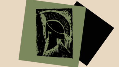 Abstract black-and-olive print resembling a stylized Greek helmet, with curved crest-like lines and sharp feathered details inside a tilted rectangular frame on a beige background.