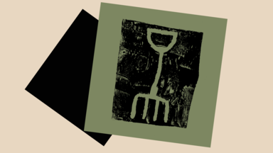 An abstract, layered graphic featuring a garden fork over dark textured imagery and tilted geometric shapes.