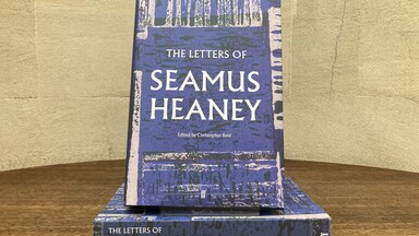 A photo of the book 'The Letters of Seamus Heaney' against a marble background