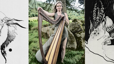 An image of musician Brona McVittie with two abstract faerie images either side. 