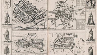 An engraving showing town plans of Dublin, Cork, Limerick and Galway in Ireland.