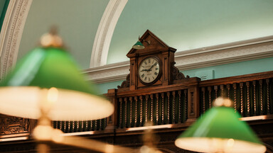 View of Reading Room lamps and clock.