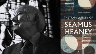 Black-and-white portrait of Seamus Heaney looking upwards, alongside the book cover of The Translations of Seamus Heaney, edited by Marco Sonzogni.