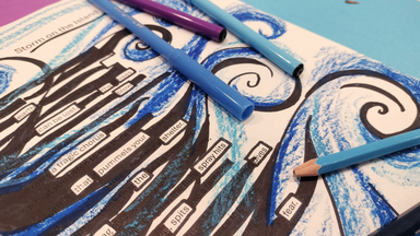 A photo of a blackout poem with blue swirls