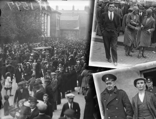 Cork, 1931 - Crowd scenes at a murder trial in Cork, illustrating the public appetite for such cases. Suspect inset bottom right (from our Independent Newspapers Collection)