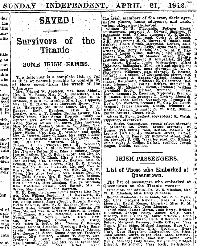 Sunday Independent, 21 April 1912