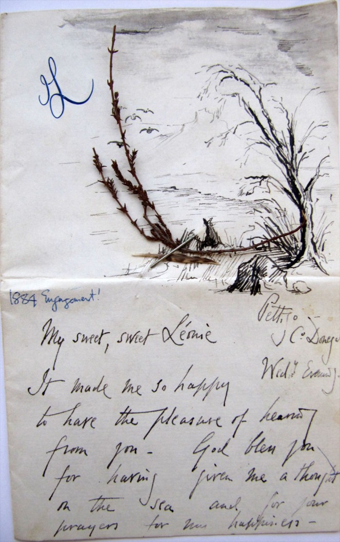 Heather and a feather adorn this love letter from John Leslie to Leonie Jerome, 1884