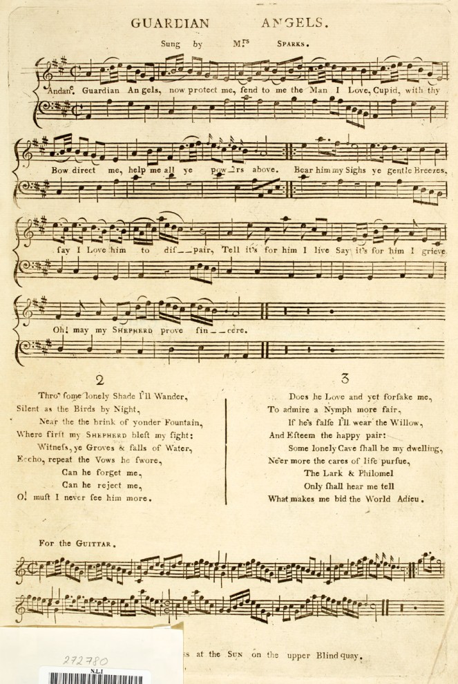 Guardian Angels sung by Mrs Sparks, and printed in Dublin by Benjamin Rhames at the Sun on the upper Blind Quay, 18th century. NLI ref.: Mu-sb-16